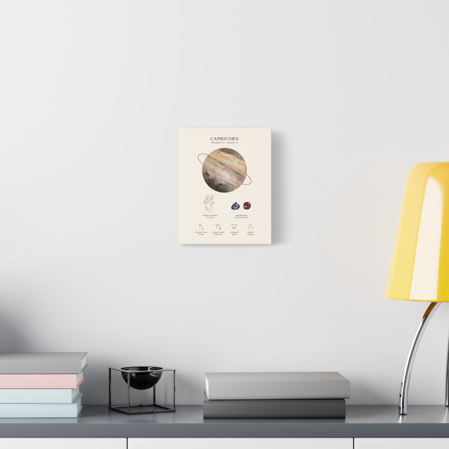 Capricorn Zodiac Constellation Canvas | Astrology Wall Art with Symbol, Birthstone, Planet & Element | Premium Vertical Canvas Print