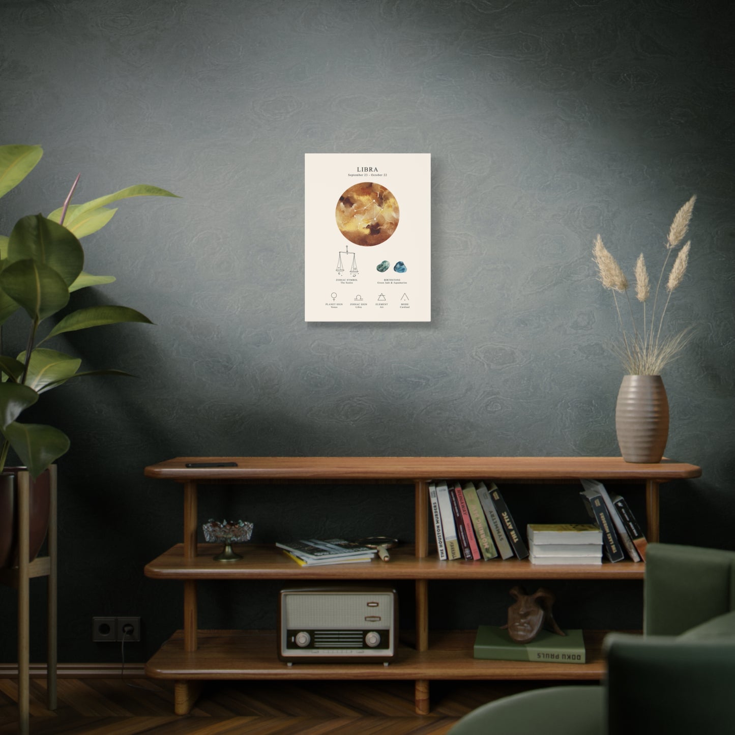Libra Zodiac Constellation Canvas | Astrology Wall Art with Symbol, Birthstone, Planet & Element | Premium Vertical Canvas Print