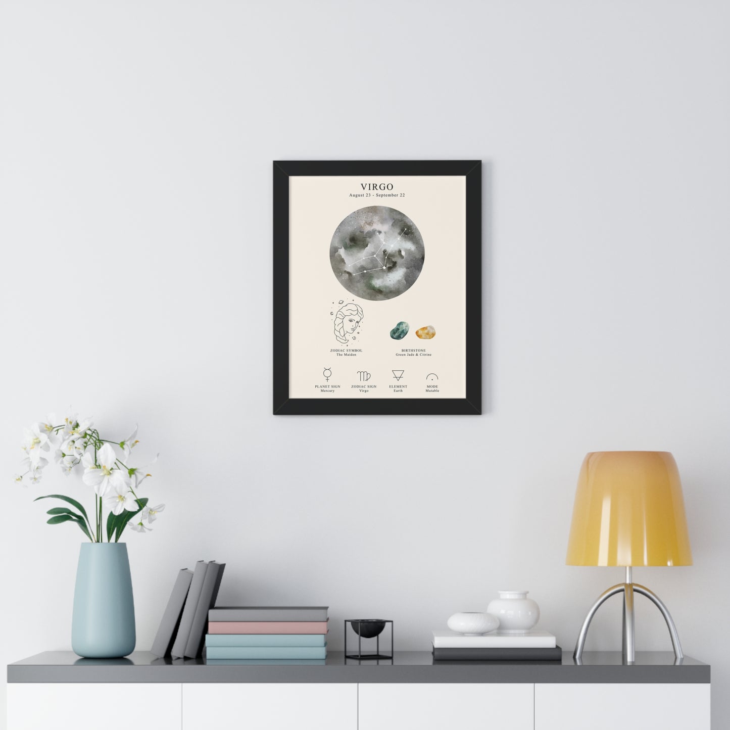 Virgo Zodiac Framed Poster | Celestial Astrology Wall Art | Virgo Constellation Print with Symbol, Planet & Element | Museum-Quality Matte Paper