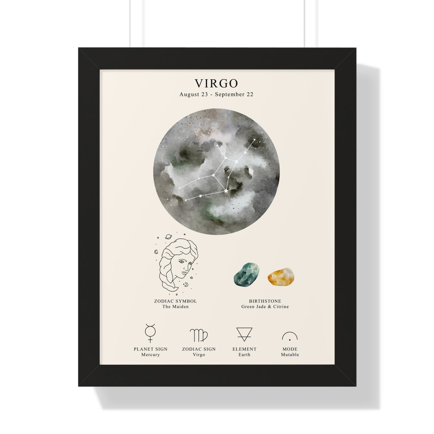 Virgo Zodiac Framed Poster | Celestial Astrology Wall Art | Virgo Constellation Print with Symbol, Planet & Element | Museum-Quality Matte Paper