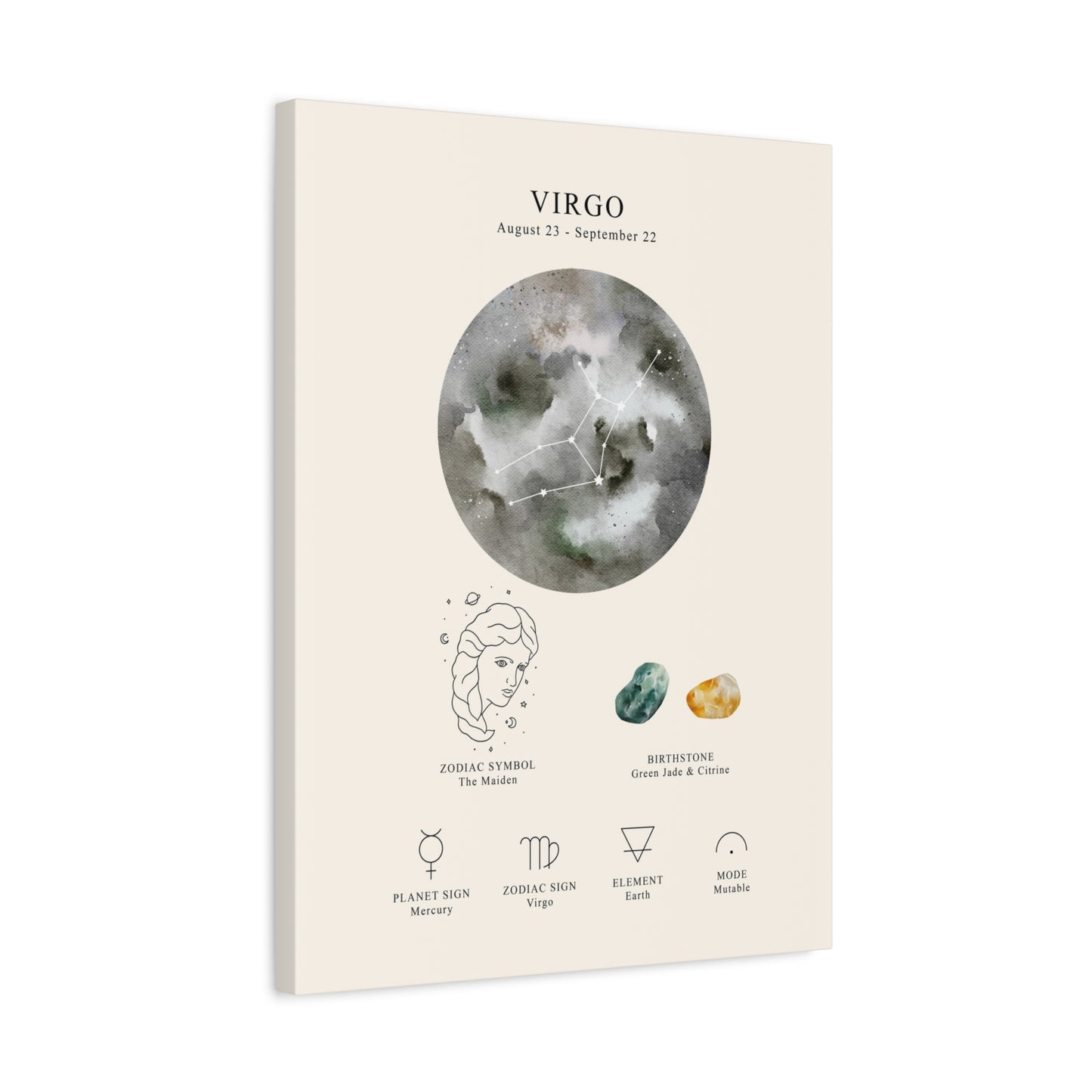 Virgo Zodiac Constellation Canvas | Astrology Wall Art with Symbol, Birthstone, Planet & Element | Premium Vertical Canvas Print