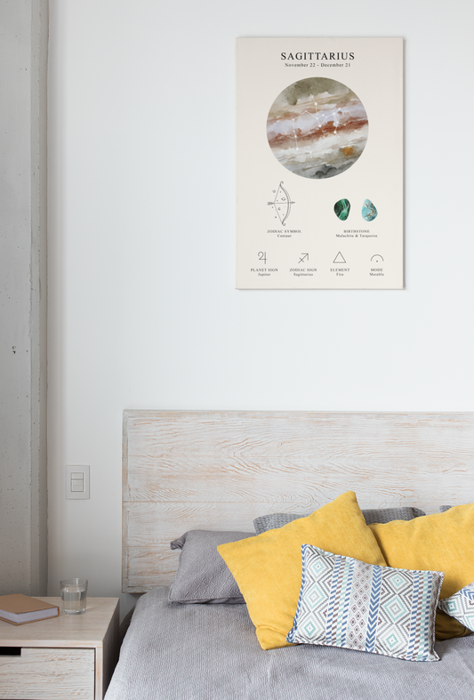 Sagittarius Zodiac Constellation Canvas | Astrology Wall Art with Symbol, Birthstone, Planet & Element | Premium Vertical Canvas Print