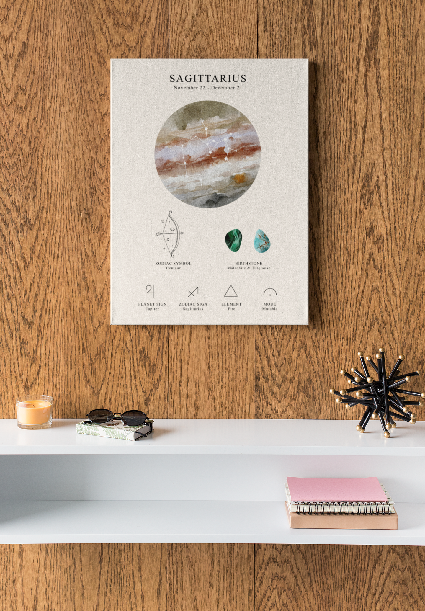 Sagittarius Zodiac Constellation Canvas | Astrology Wall Art with Symbol, Birthstone, Planet & Element | Premium Vertical Canvas Print