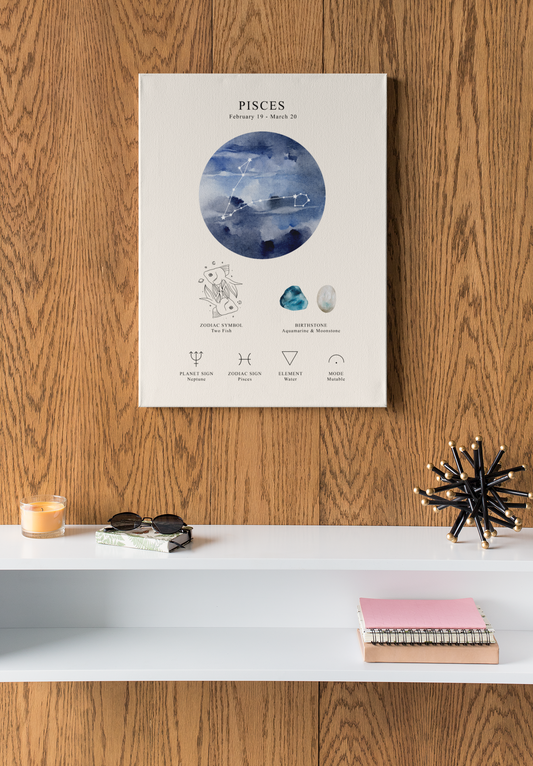 Pisces Zodiac Constellation Canvas | Astrology Wall Art with Symbol, Birthstone, Planet & Element | Premium Vertical Canvas Print