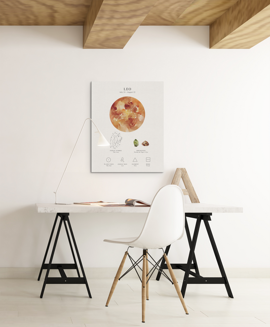 Leo Zodiac Constellation Canvas | Astrology Wall Art with Symbol, Birthstone, Planet & Element | Premium Vertical Canvas Print