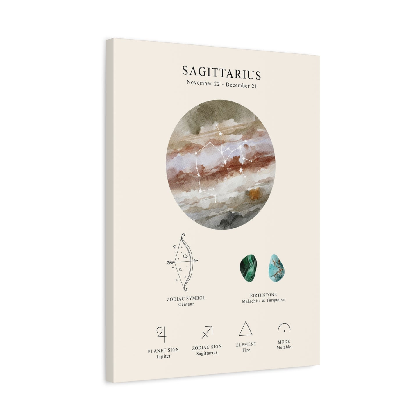 Sagittarius Zodiac Constellation Canvas | Astrology Wall Art with Symbol, Birthstone, Planet & Element | Premium Vertical Canvas Print