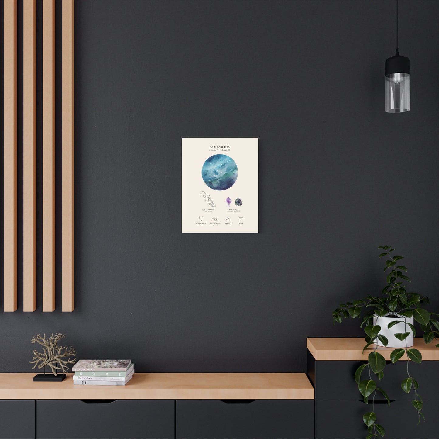 Aquarius Zodiac Constellation Canvas | Astrology Wall Art with Symbol, Birthstone, Planet & Element | Premium Vertical Canvas Print
