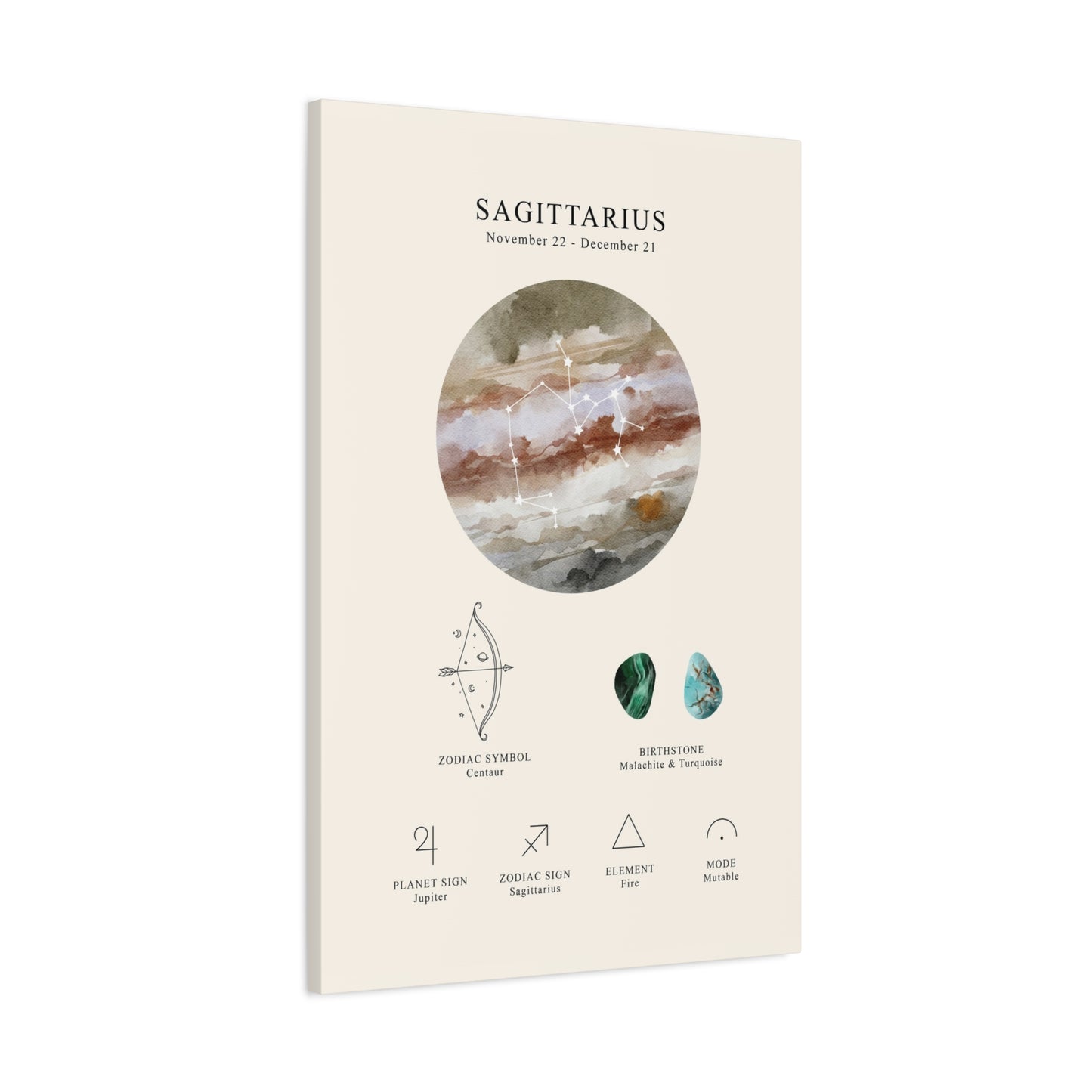 Sagittarius Zodiac Constellation Canvas | Astrology Wall Art with Symbol, Birthstone, Planet & Element | Premium Vertical Canvas Print