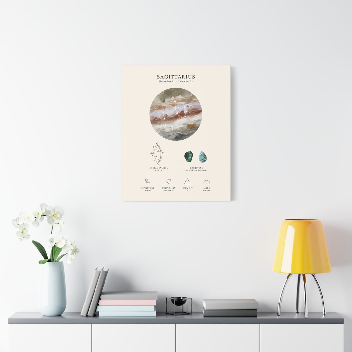 Sagittarius Zodiac Constellation Canvas | Astrology Wall Art with Symbol, Birthstone, Planet & Element | Premium Vertical Canvas Print