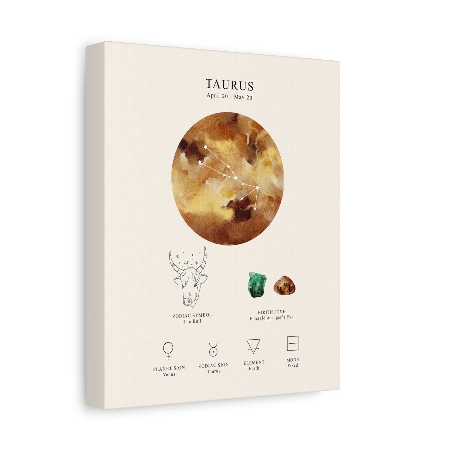 Taurus Zodiac Constellation Canvas | Astrology Wall Art with Symbol, Birthstone, Planet & Element | Premium Vertical Canvas Print