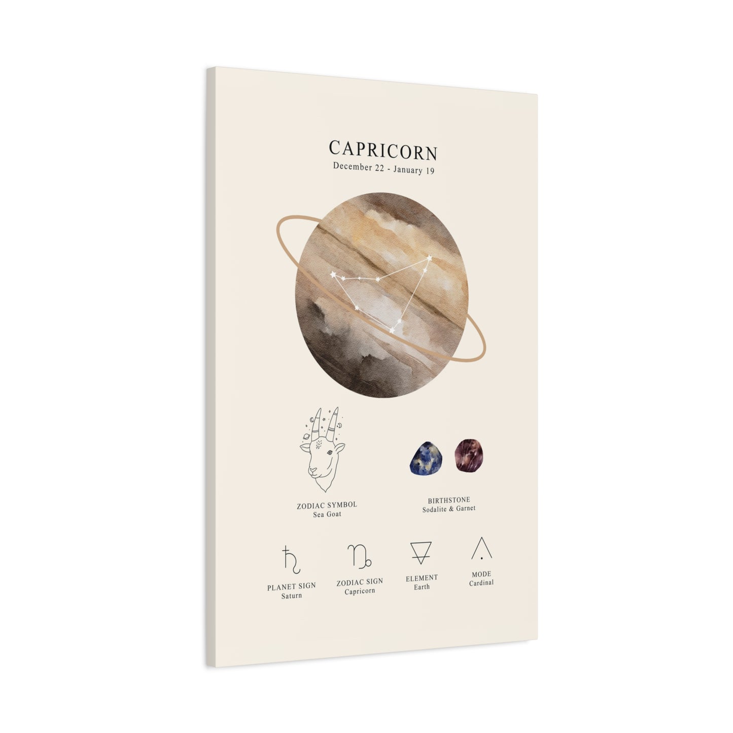 Capricorn Zodiac Constellation Canvas | Astrology Wall Art with Symbol, Birthstone, Planet & Element | Premium Vertical Canvas Print