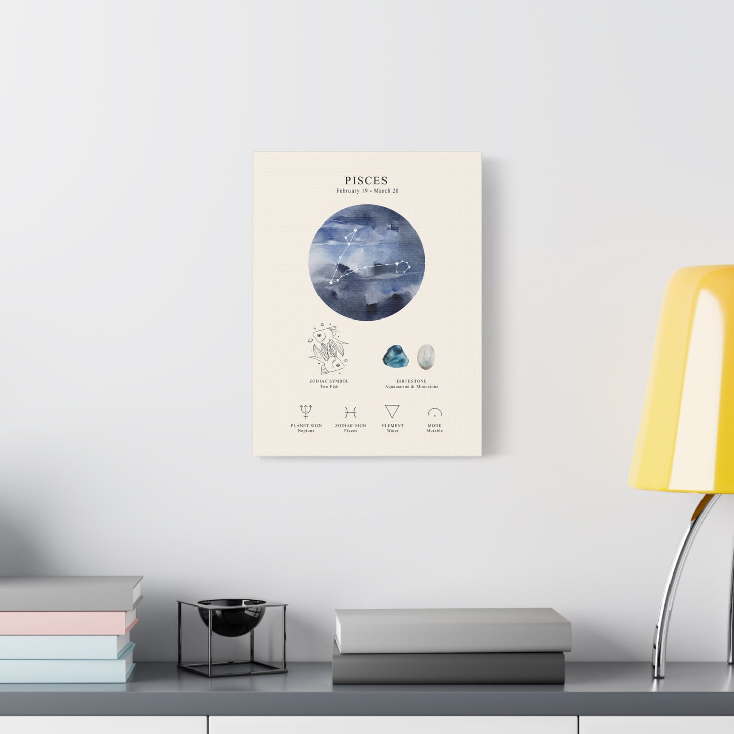 Pisces Zodiac Constellation Canvas | Astrology Wall Art with Symbol, Birthstone, Planet & Element | Premium Vertical Canvas Print