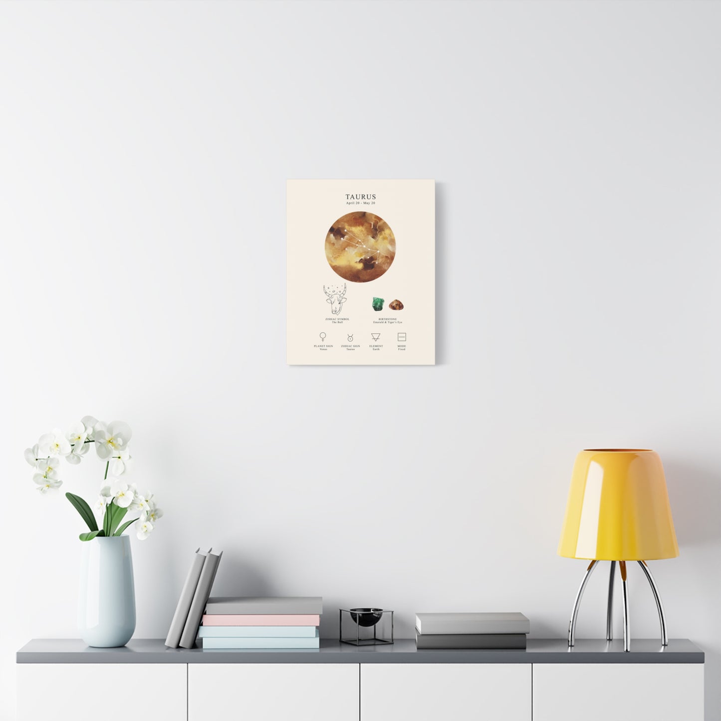 Taurus Zodiac Constellation Canvas | Astrology Wall Art with Symbol, Birthstone, Planet & Element | Premium Vertical Canvas Print