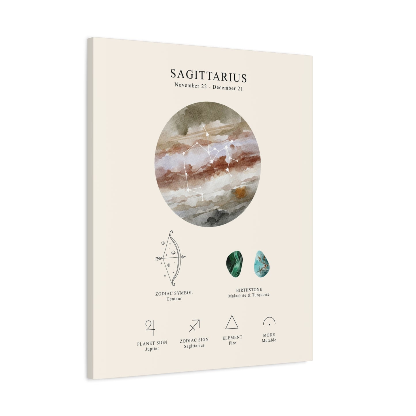 Sagittarius Zodiac Constellation Canvas | Astrology Wall Art with Symbol, Birthstone, Planet & Element | Premium Vertical Canvas Print