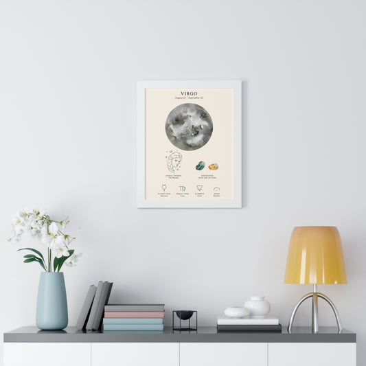Virgo Zodiac Framed Poster | Celestial Astrology Wall Art | Virgo Constellation Print with Symbol, Planet & Element | Museum-Quality Matte Paper