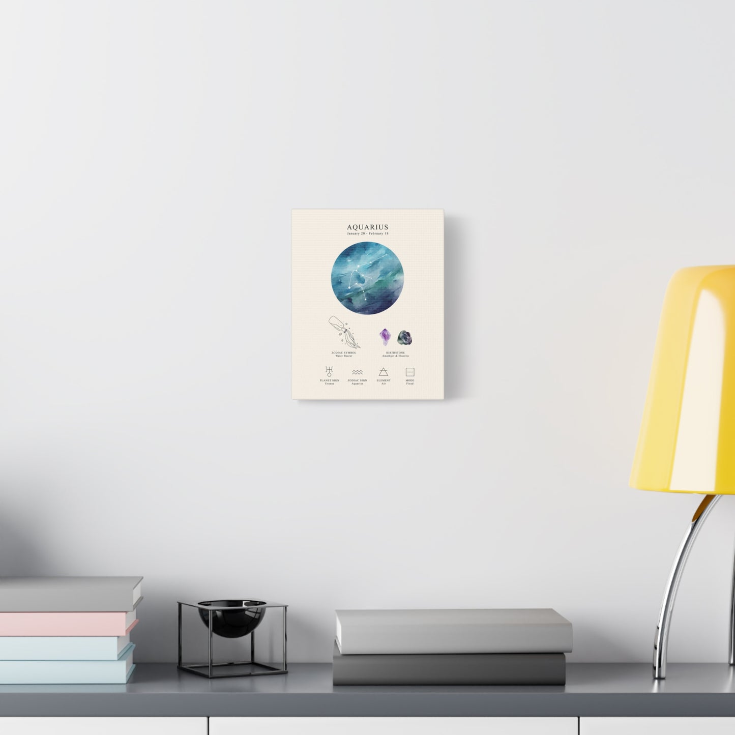 Aquarius Zodiac Constellation Canvas | Astrology Wall Art with Symbol, Birthstone, Planet & Element | Premium Vertical Canvas Print