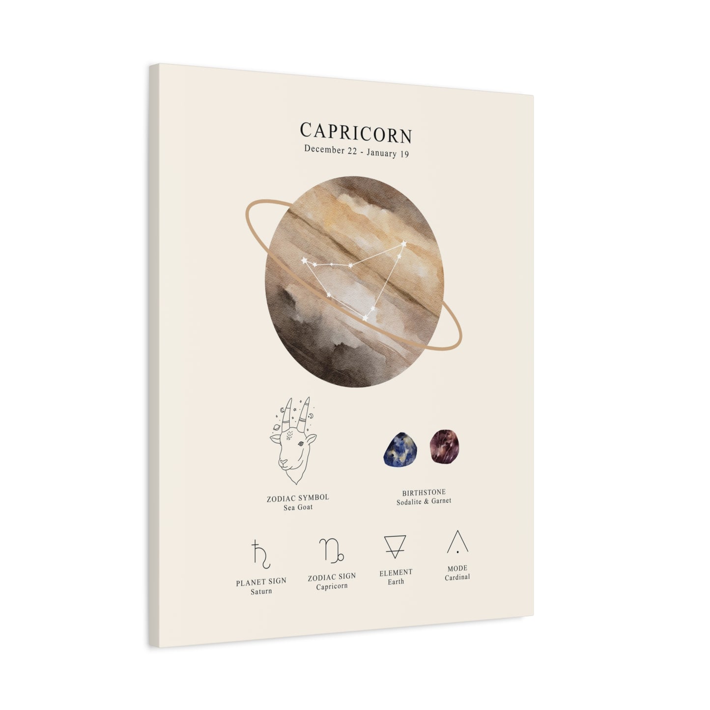 Capricorn Zodiac Constellation Canvas | Astrology Wall Art with Symbol, Birthstone, Planet & Element | Premium Vertical Canvas Print