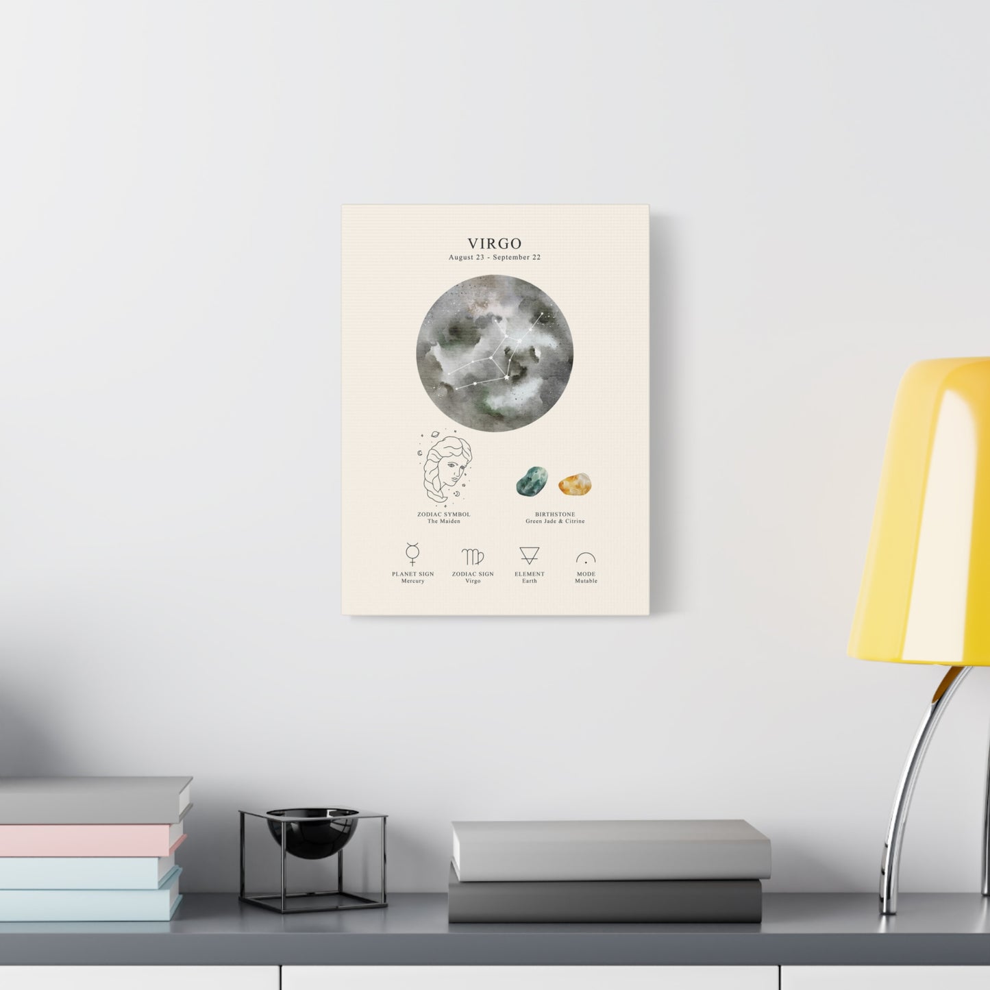 Virgo Zodiac Constellation Canvas | Astrology Wall Art with Symbol, Birthstone, Planet & Element | Premium Vertical Canvas Print