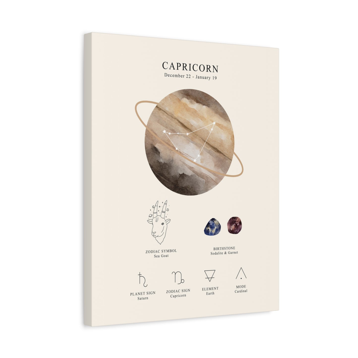 Capricorn Zodiac Constellation Canvas | Astrology Wall Art with Symbol, Birthstone, Planet & Element | Premium Vertical Canvas Print