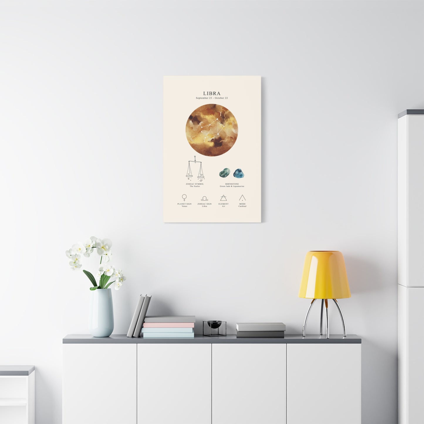 Libra Zodiac Constellation Canvas | Astrology Wall Art with Symbol, Birthstone, Planet & Element | Premium Vertical Canvas Print