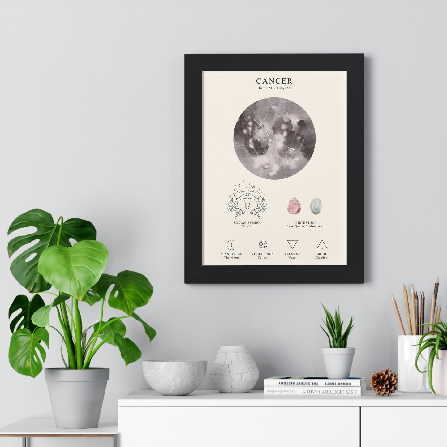 Cancer Zodiac Framed Poster | Celestial Astrology Wall Art | Cancer Constellation Print with Symbol, Planet & Element | Museum-Quality Matte Paper