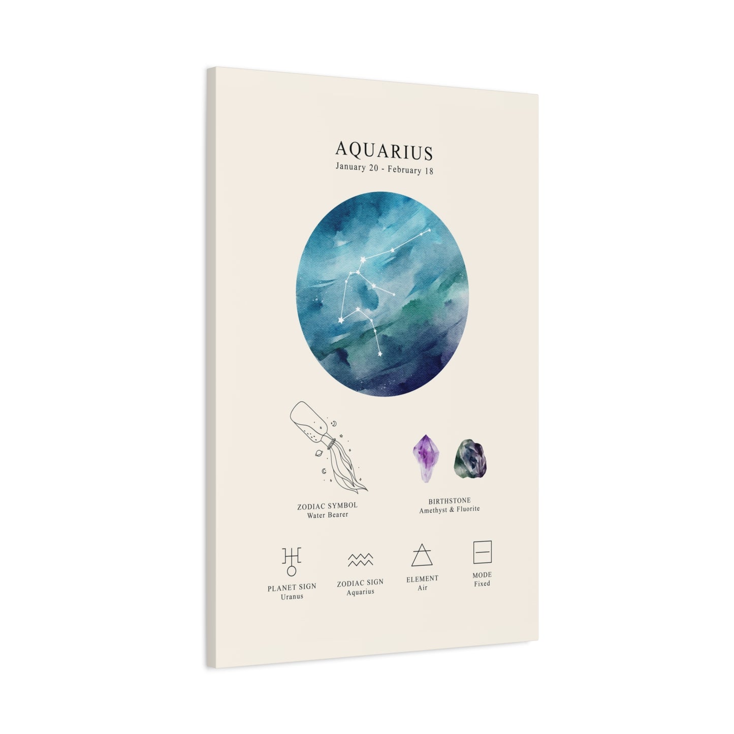 Aquarius Zodiac Constellation Canvas | Astrology Wall Art with Symbol, Birthstone, Planet & Element | Premium Vertical Canvas Print