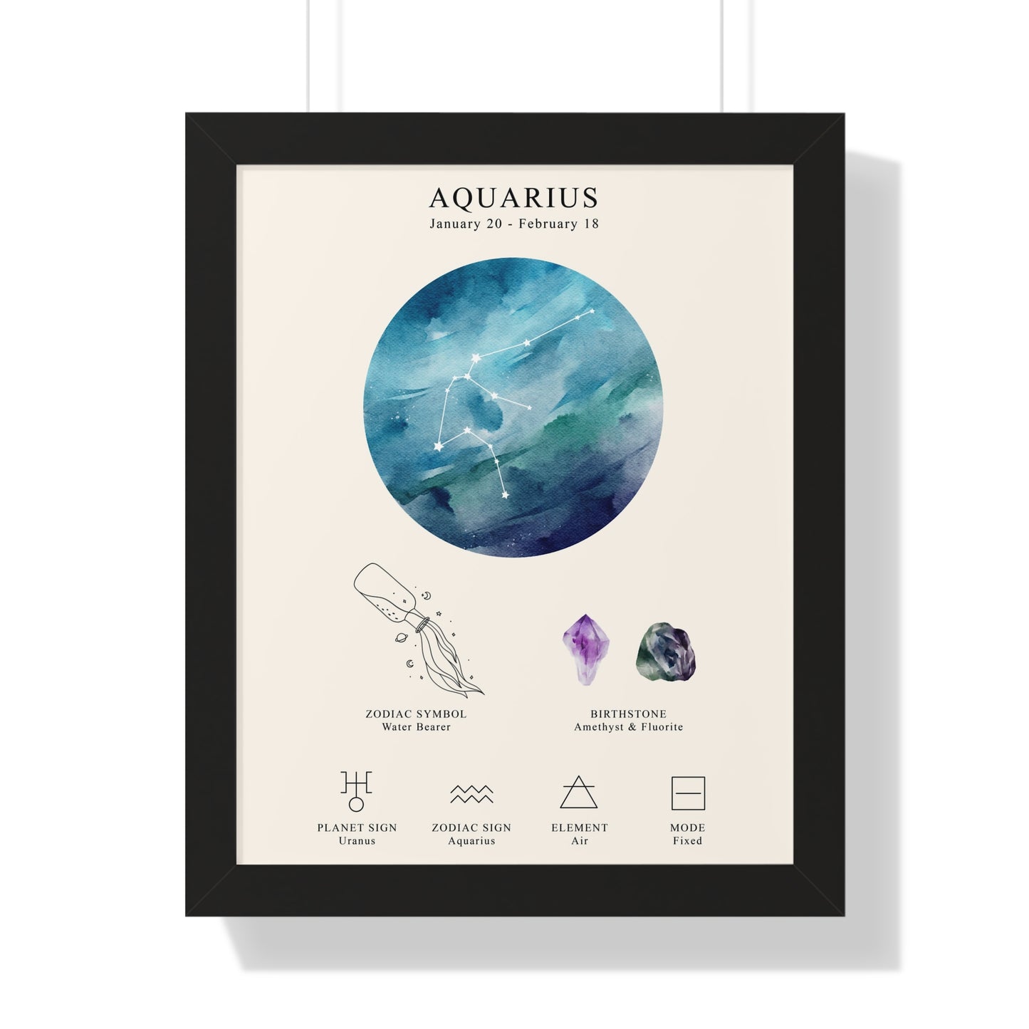 Aquarius Zodiac Framed Poster | Celestial Astrology Wall Art | Constellation Print with Symbol, Planet & Element | Museum-Quality Matte Paper