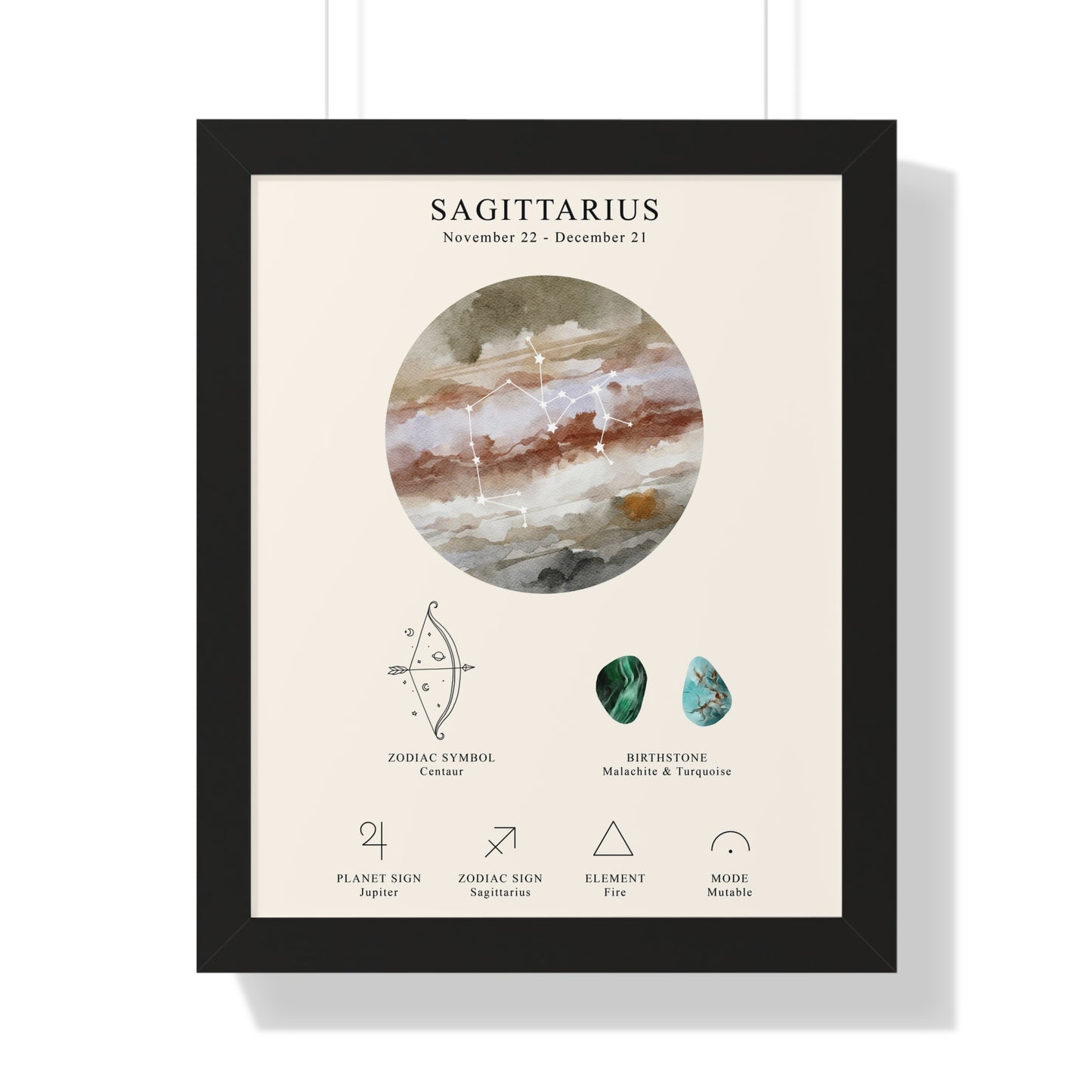 Sagittarius Zodiac Framed Poster | Celestial Astrology Wall Art | Constellation Print with Symbol, Planet & Element | Museum-Quality Matte Paper