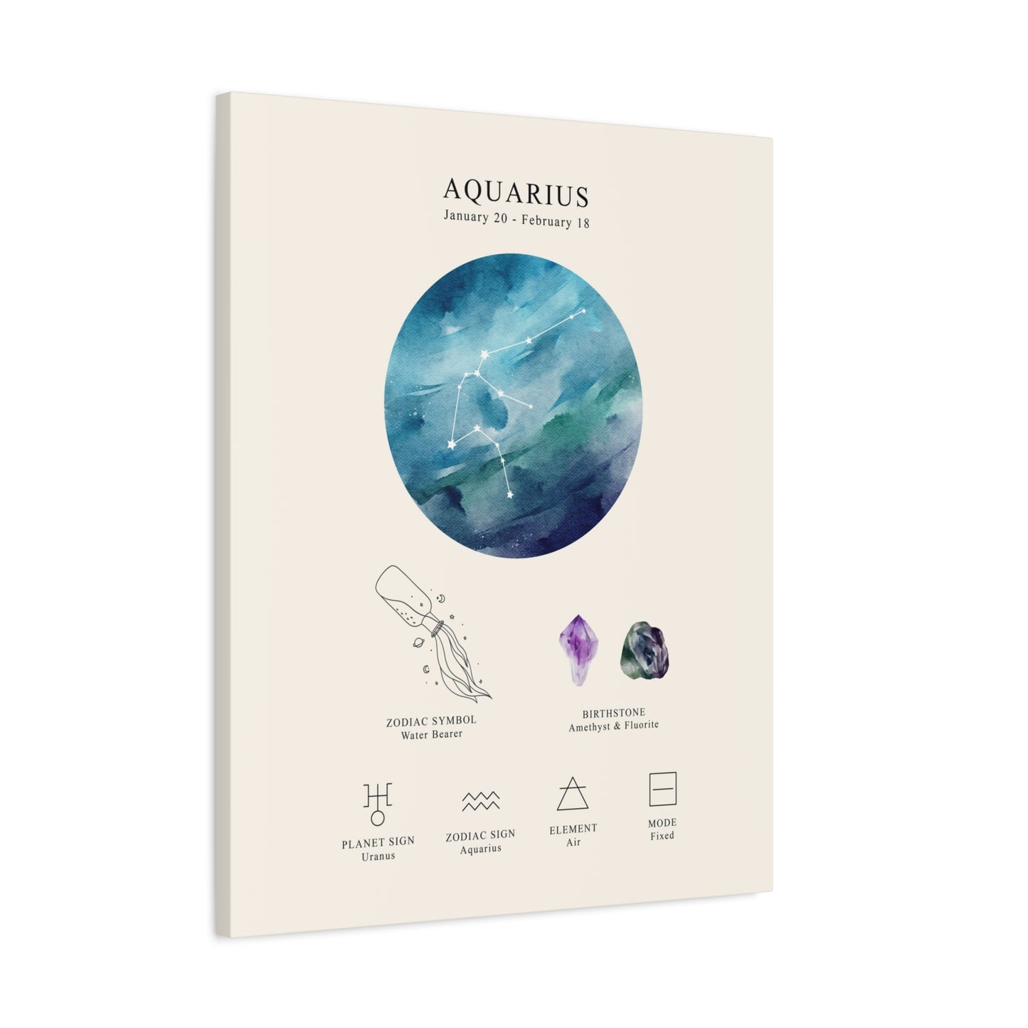 Aquarius Zodiac Constellation Canvas | Astrology Wall Art with Symbol, Birthstone, Planet & Element | Premium Vertical Canvas Print
