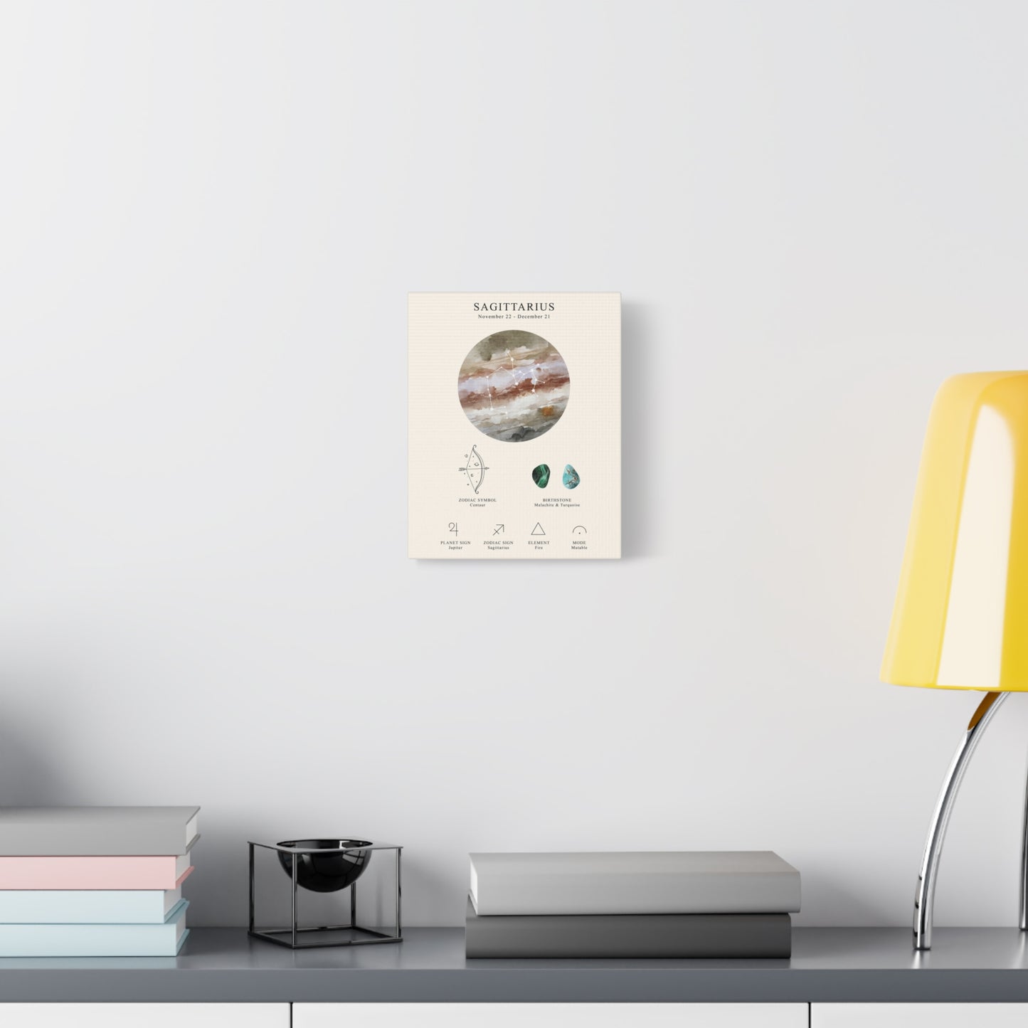 Sagittarius Zodiac Constellation Canvas | Astrology Wall Art with Symbol, Birthstone, Planet & Element | Premium Vertical Canvas Print