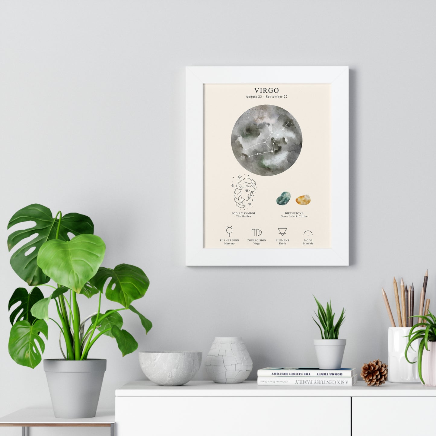 Virgo Zodiac Framed Poster | Celestial Astrology Wall Art | Virgo Constellation Print with Symbol, Planet & Element | Museum-Quality Matte Paper