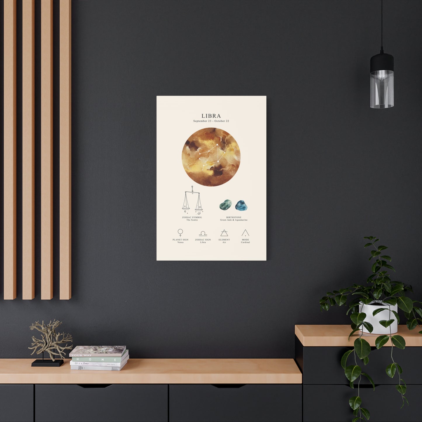 Libra Zodiac Constellation Canvas | Astrology Wall Art with Symbol, Birthstone, Planet & Element | Premium Vertical Canvas Print