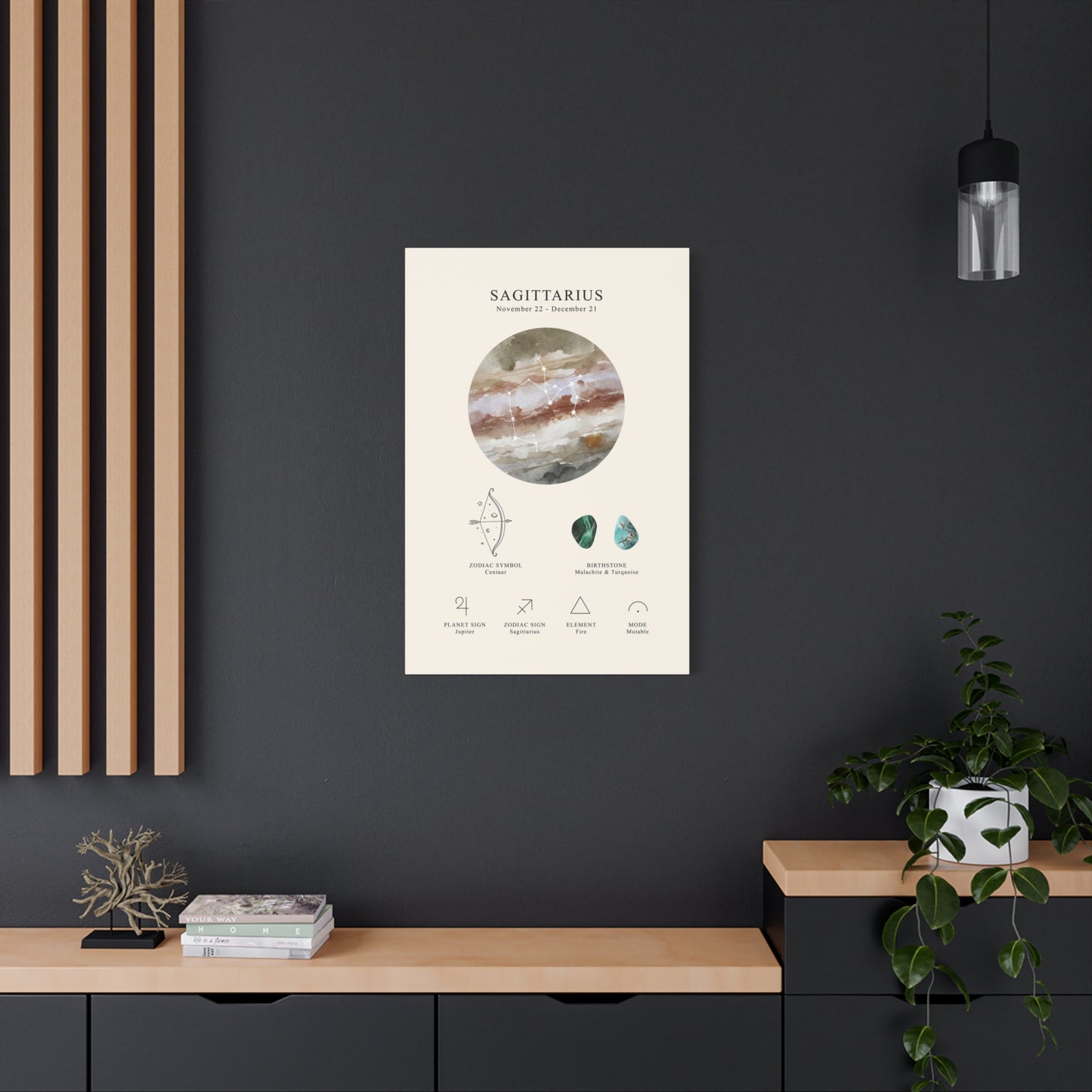Sagittarius Zodiac Constellation Canvas | Astrology Wall Art with Symbol, Birthstone, Planet & Element | Premium Vertical Canvas Print