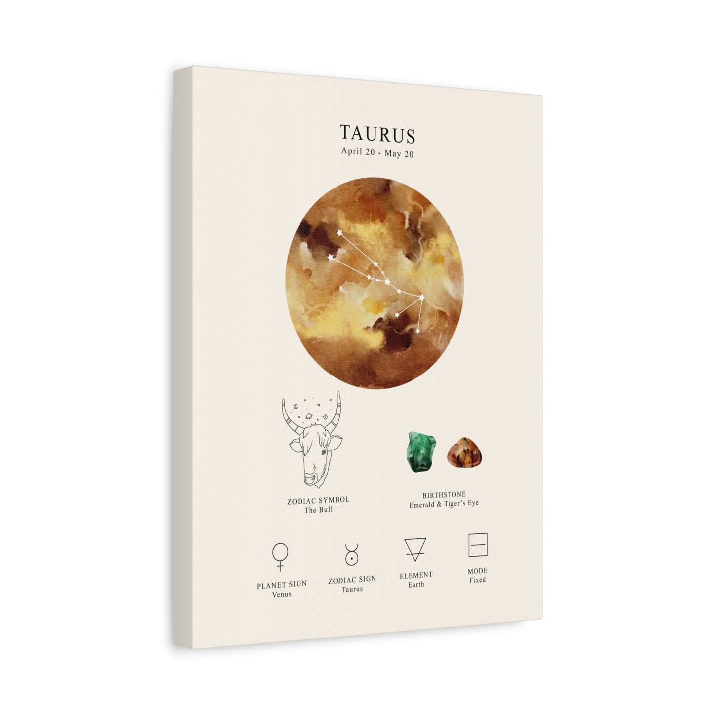 Taurus Zodiac Constellation Canvas | Astrology Wall Art with Symbol, Birthstone, Planet & Element | Premium Vertical Canvas Print