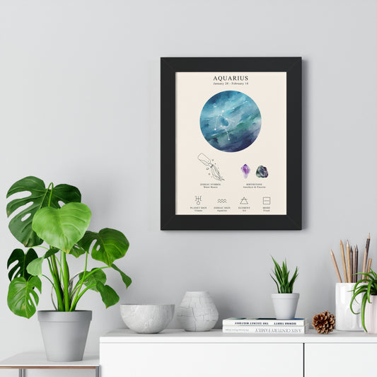 Aquarius Zodiac Framed Poster | Celestial Astrology Wall Art | Constellation Print with Symbol, Planet & Element | Museum-Quality Matte Paper
