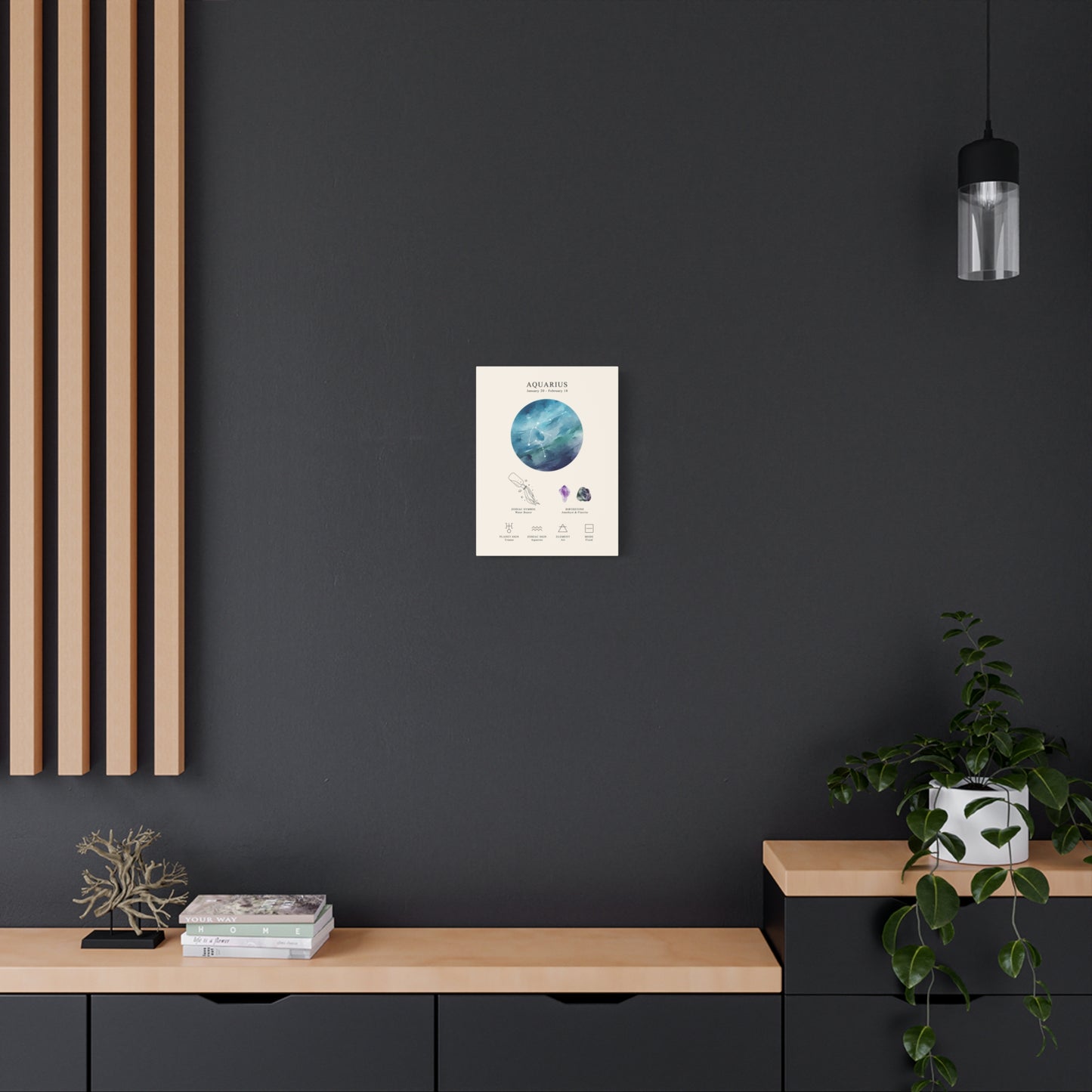 Aquarius Zodiac Constellation Canvas | Astrology Wall Art with Symbol, Birthstone, Planet & Element | Premium Vertical Canvas Print