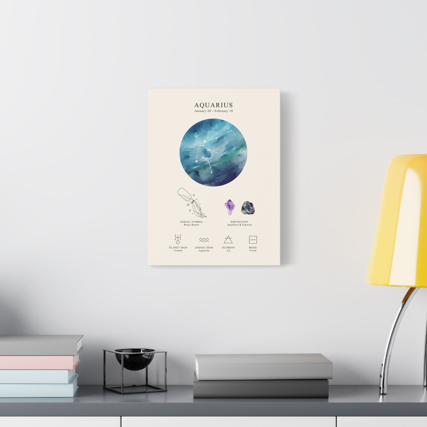 Aquarius Zodiac Constellation Canvas | Astrology Wall Art with Symbol, Birthstone, Planet & Element | Premium Vertical Canvas Print