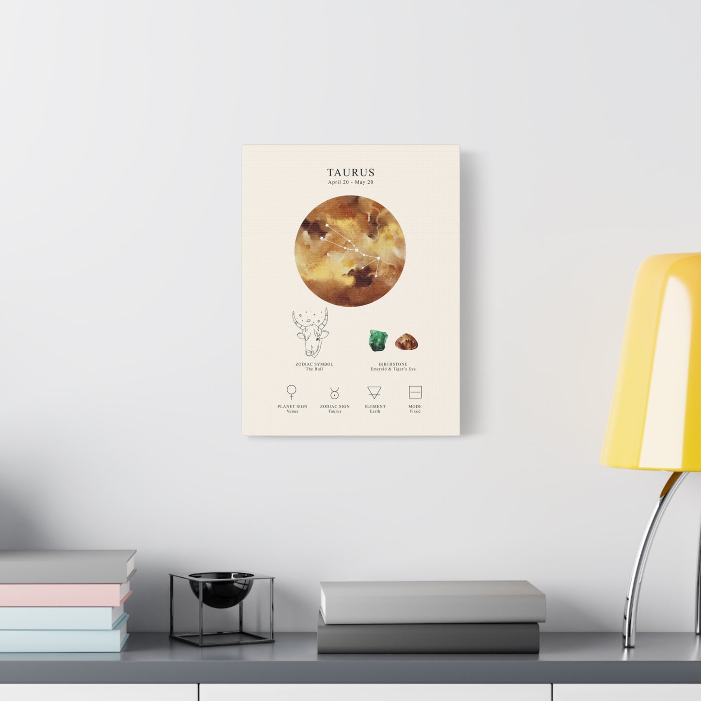 Taurus Zodiac Constellation Canvas | Astrology Wall Art with Symbol, Birthstone, Planet & Element | Premium Vertical Canvas Print