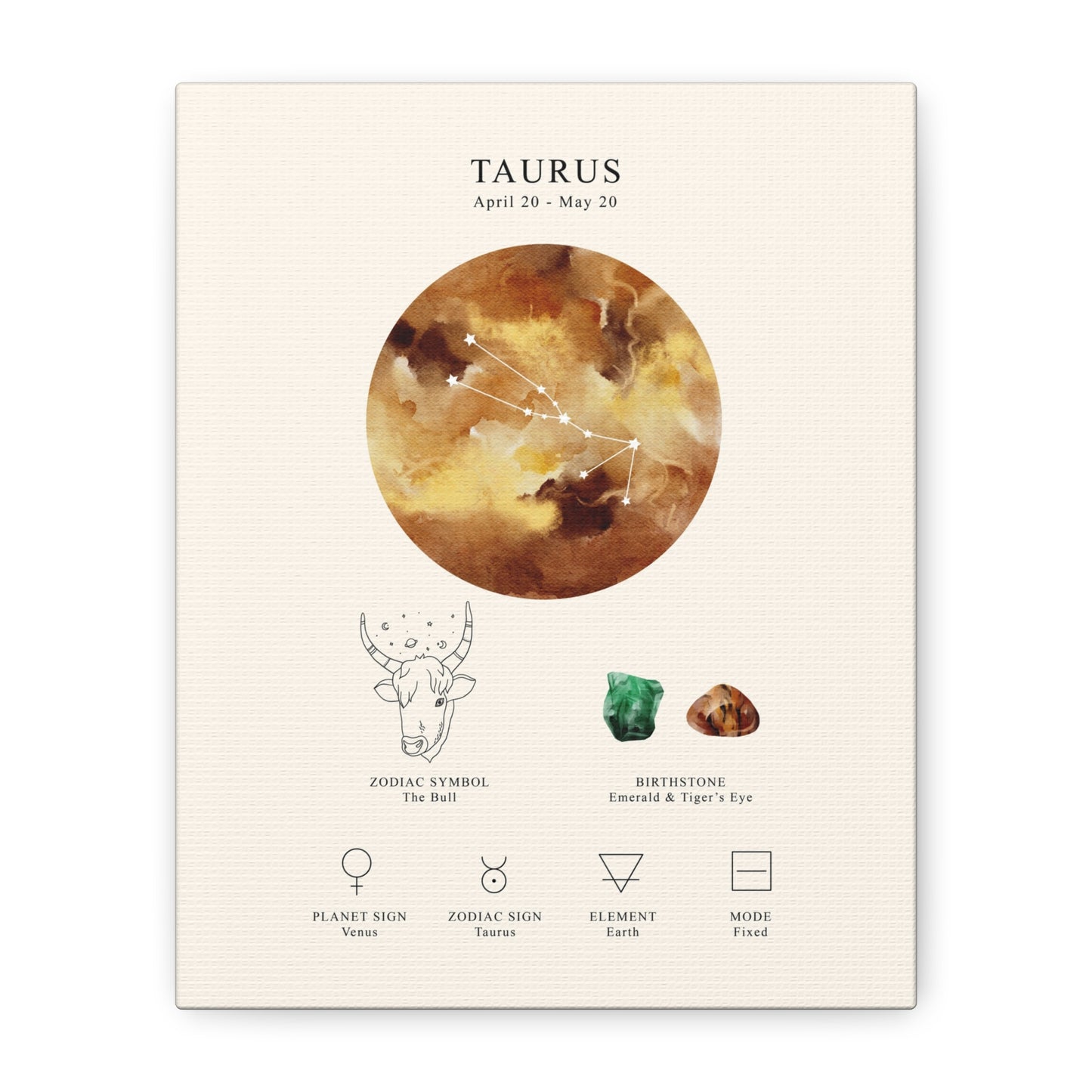 Taurus Zodiac Constellation Canvas | Astrology Wall Art with Symbol, Birthstone, Planet & Element | Premium Vertical Canvas Print