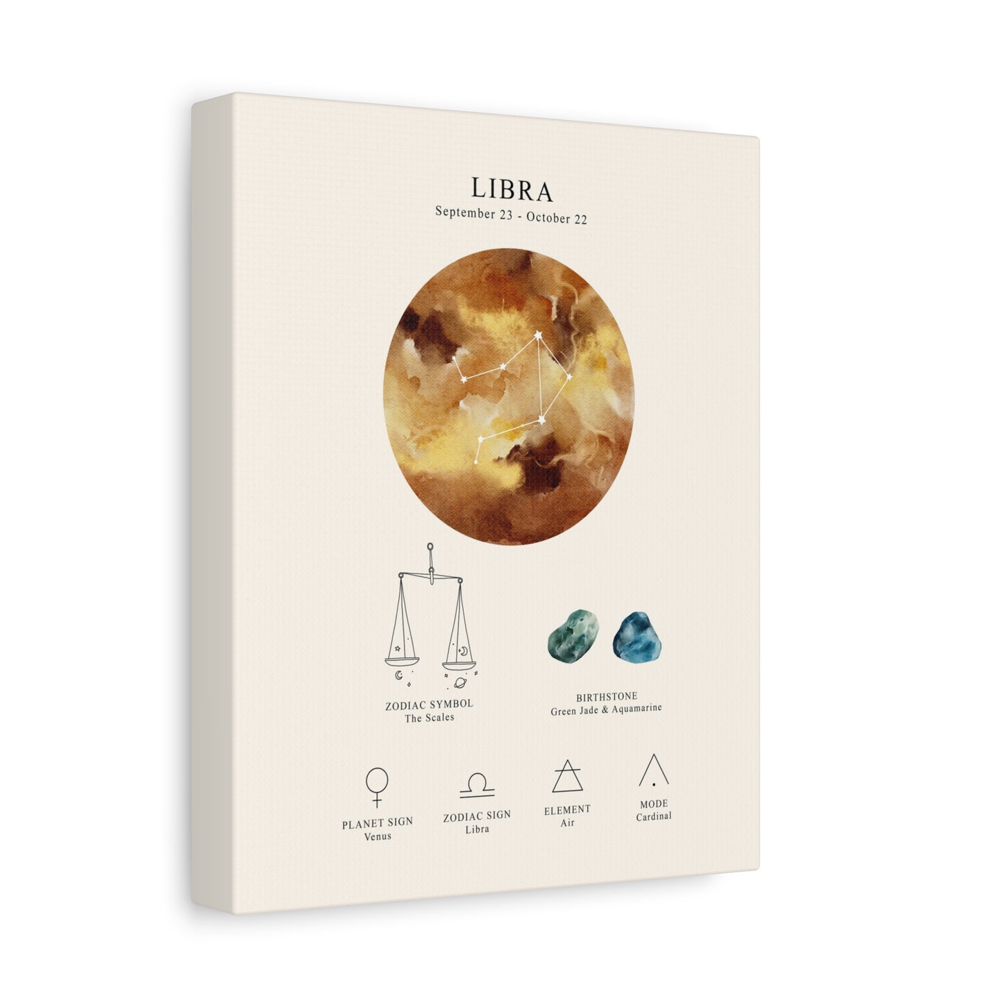 Libra Zodiac Constellation Canvas | Astrology Wall Art with Symbol, Birthstone, Planet & Element | Premium Vertical Canvas Print