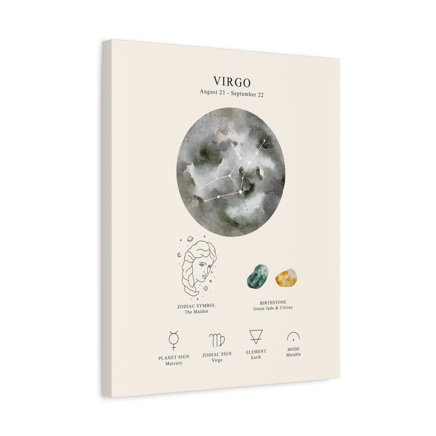 Virgo Zodiac Constellation Canvas | Astrology Wall Art with Symbol, Birthstone, Planet & Element | Premium Vertical Canvas Print