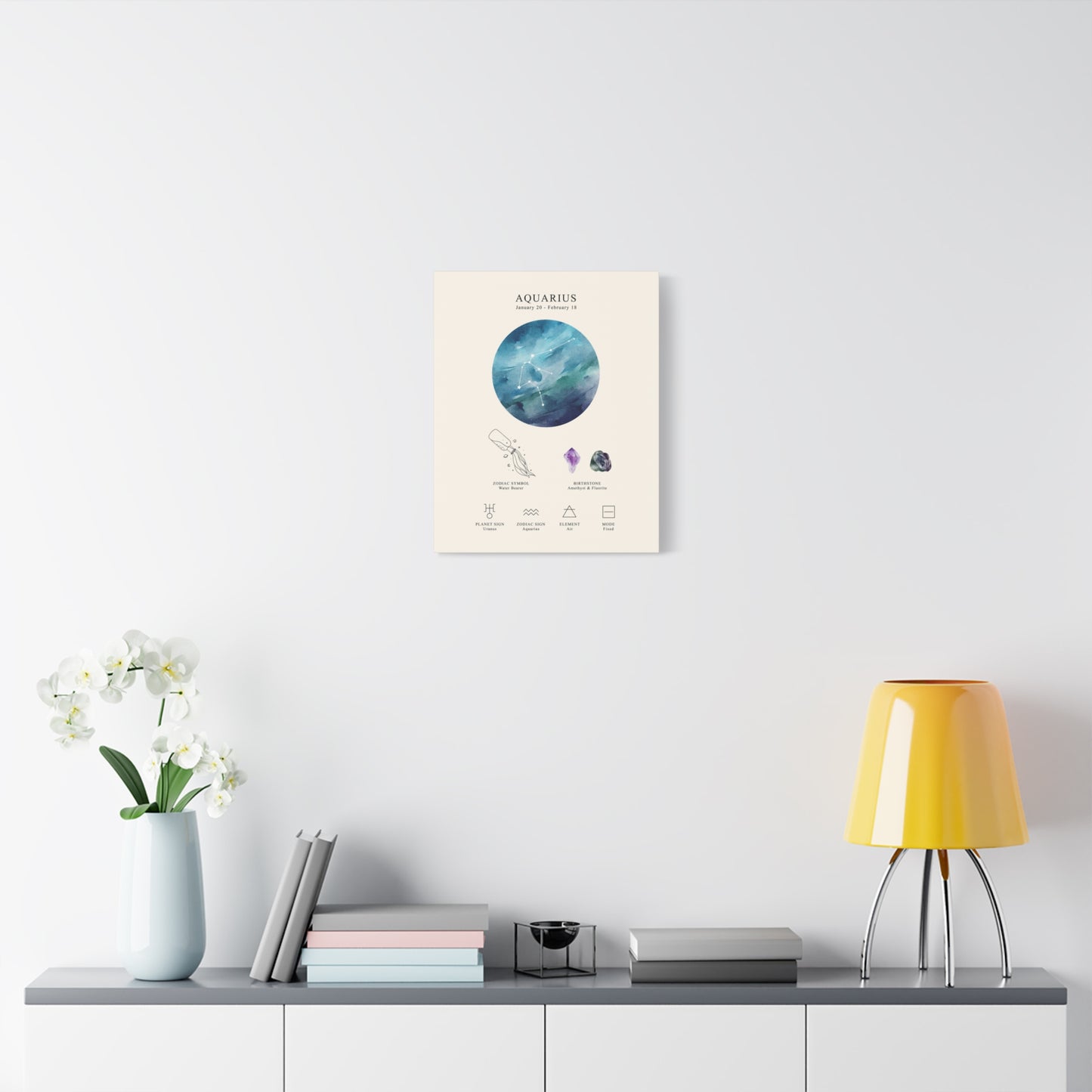 Aquarius Zodiac Constellation Canvas | Astrology Wall Art with Symbol, Birthstone, Planet & Element | Premium Vertical Canvas Print