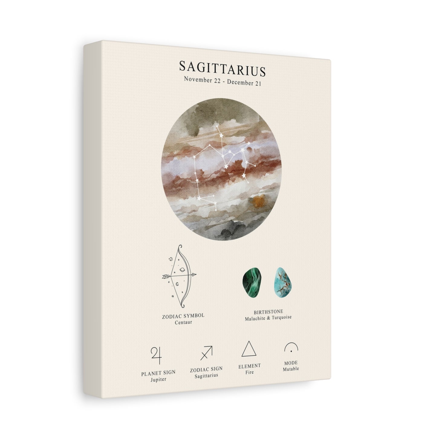 Sagittarius Zodiac Constellation Canvas | Astrology Wall Art with Symbol, Birthstone, Planet & Element | Premium Vertical Canvas Print