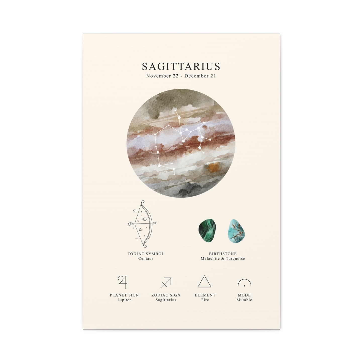 Sagittarius Zodiac Constellation Canvas | Astrology Wall Art with Symbol, Birthstone, Planet & Element | Premium Vertical Canvas Print