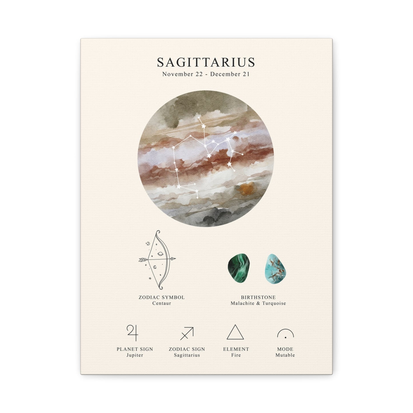 Sagittarius Zodiac Constellation Canvas | Astrology Wall Art with Symbol, Birthstone, Planet & Element | Premium Vertical Canvas Print